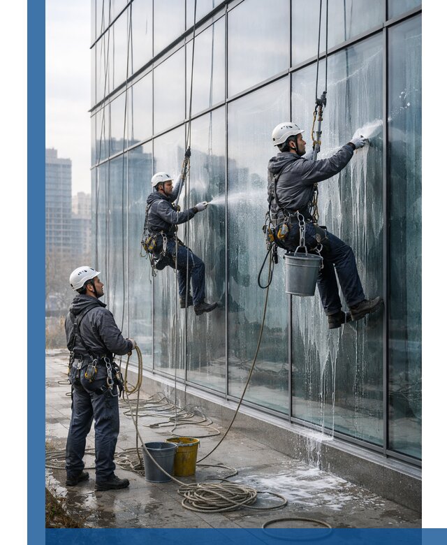 Промышленная мойка панорамных окон на высоте в Череповце