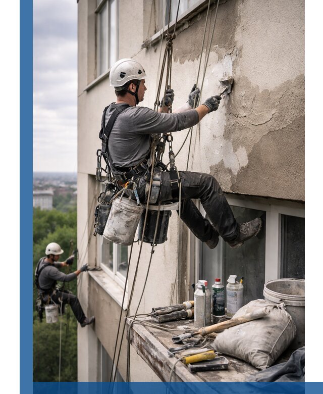 Косметический ремонт фасада зданий в Череповце промышленными альпинистами