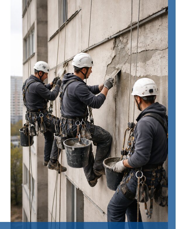 Ремонт бетонных элементов фасада в Череповце от 2555 р. | ВЫСОТНИК-Чрп