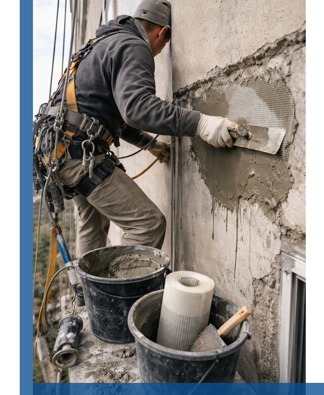 Ремонт бетонных элементов фасада промышленными альпинистами в Череповце