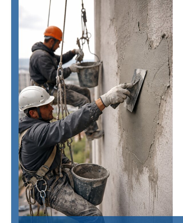 Штукатурка фасада на высоте в Череповце профессиональные работы