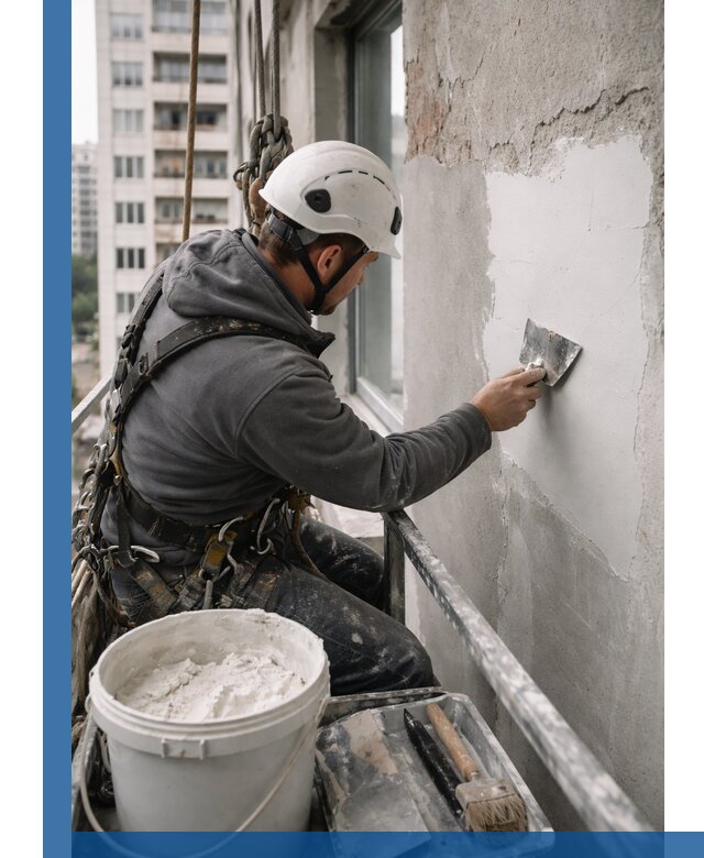 Шпаклевка фасадов на высоте с промальпинистами в Череповце