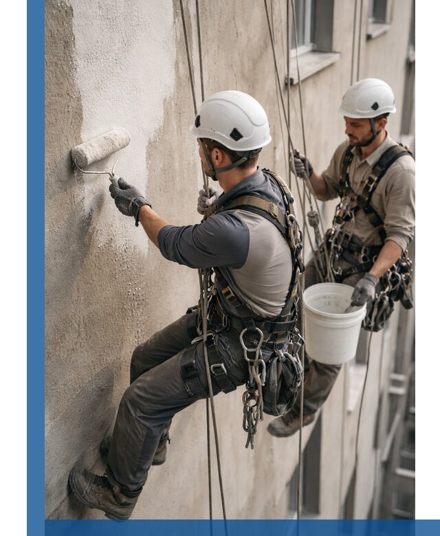 Грунтовка фасада на высоте в Череповце промышленными альпинистами