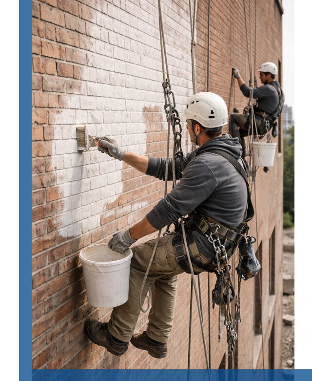 Покраска кирпичного фасада с доступным альпинистским сервисом в Череповце