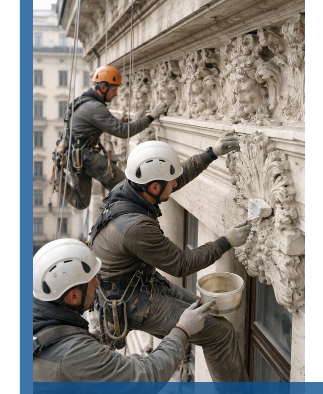 Реставрация фасадной лепнины с высотными работами в Череповце