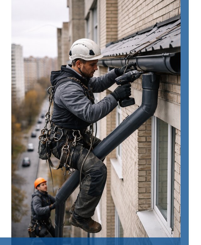 Монтаж водосточной системы на здании в Череповце от 5111 р. | ВЫСОТНИК-Чрп