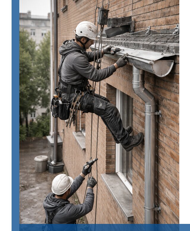 Монтаж водосточной системы на здании в Череповце под ключ