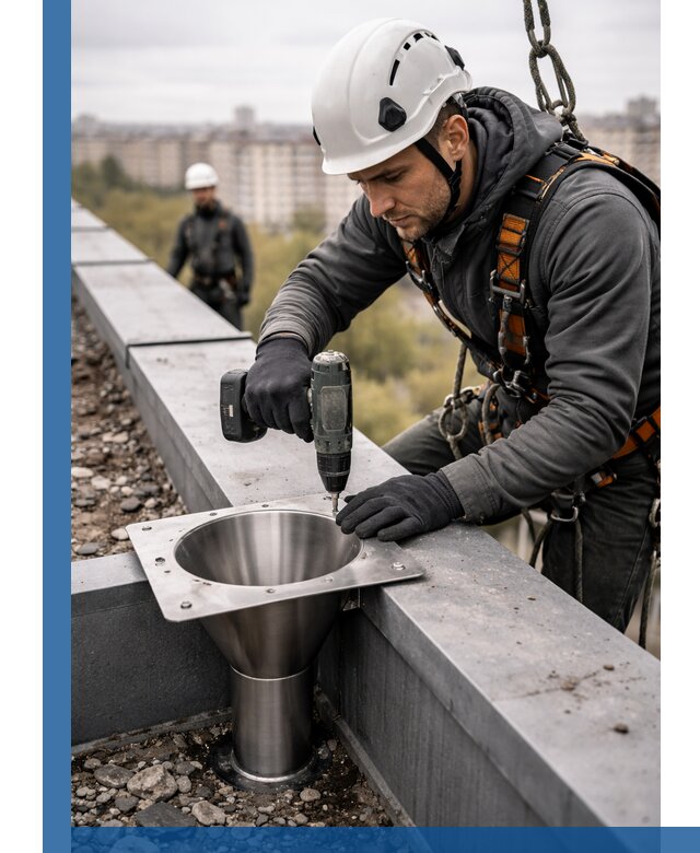 Монтаж водосточных воронок в Череповце для промышленных зданий