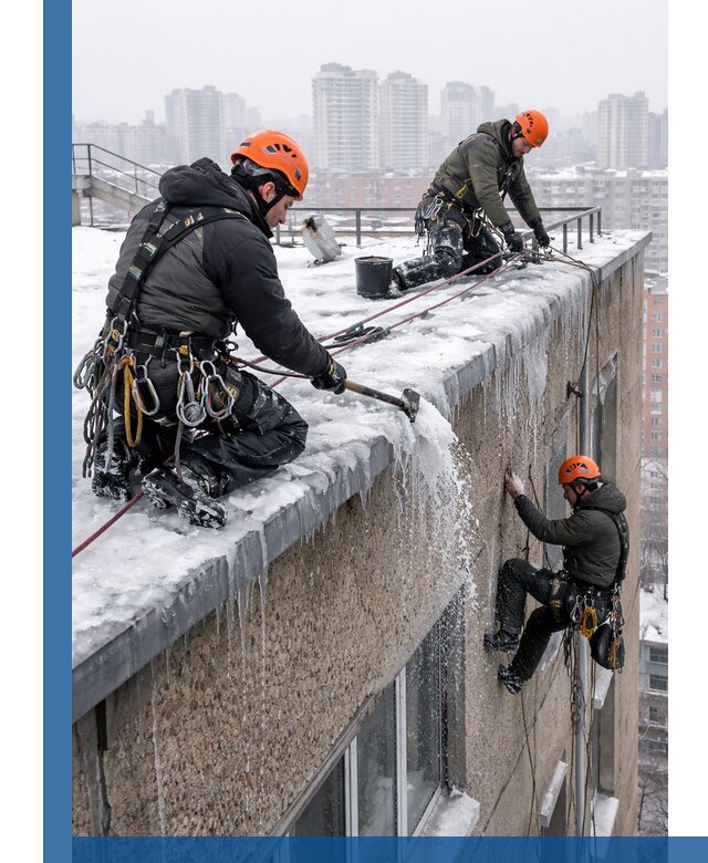 Удаление наледи с кровли в Череповце промышленными альпинистами