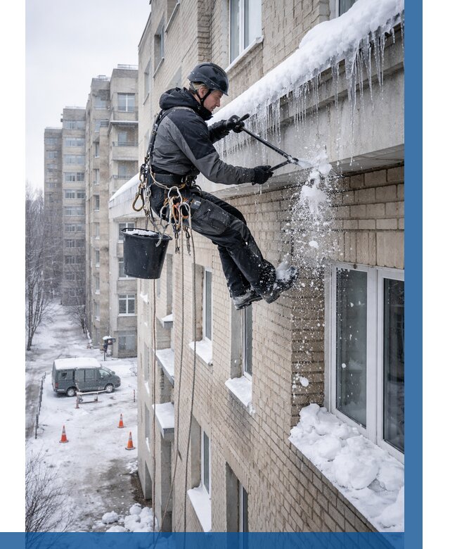 Удаление наледи с карнизов в Череповце от 358 р. | ВЫСОТНИК-Чрп