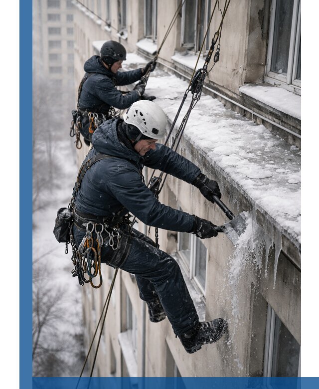 Удаление наледи и сосулек с карнизов в Череповце профессионально