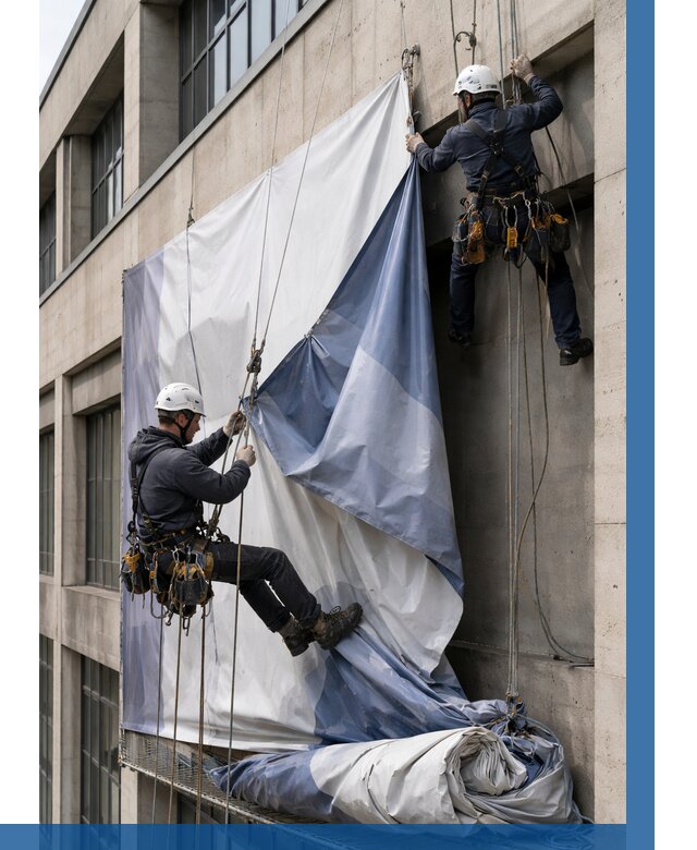 Демонтаж баннеров с фасада в Череповце от 4599 р. | ВЫСОТНИК-Чрп