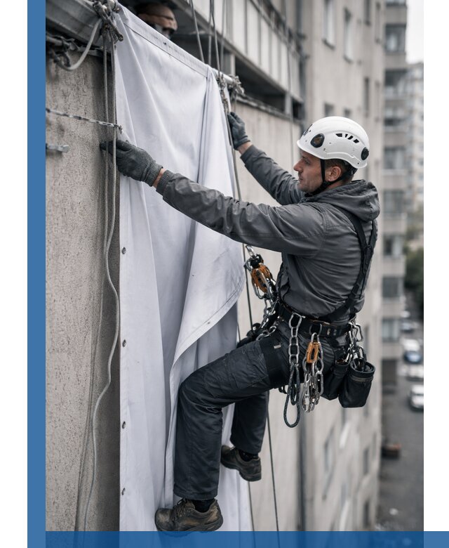 Замена баннерного полотна промышленными альпинистами в Череповце