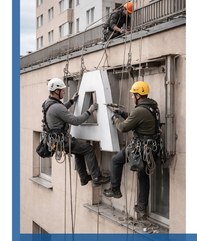 Ремонт и восстановление наружных вывесок на высоте в Череповце