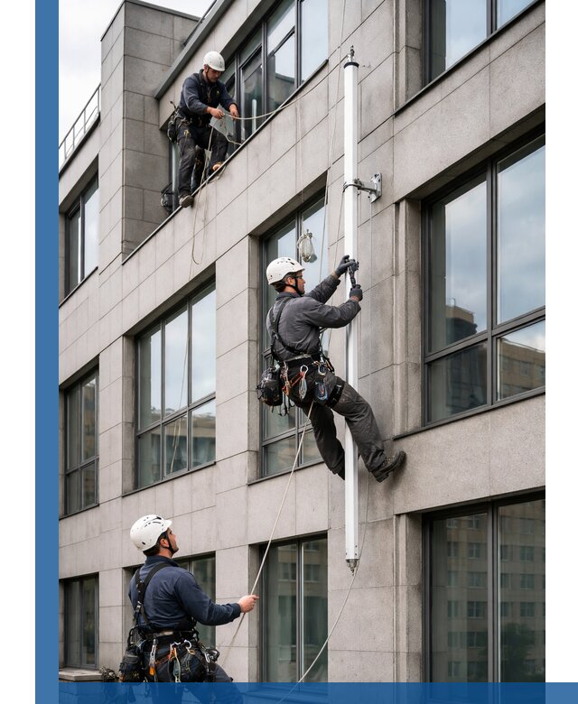 Монтаж флагштока на фасаде здания с креплением и герметикой в Череповце