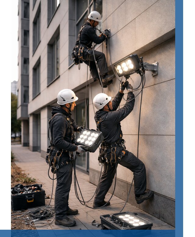 Монтаж прожекторов на фасаде в Череповце от 7666 р. | ВЫСОТНИК-Чрп