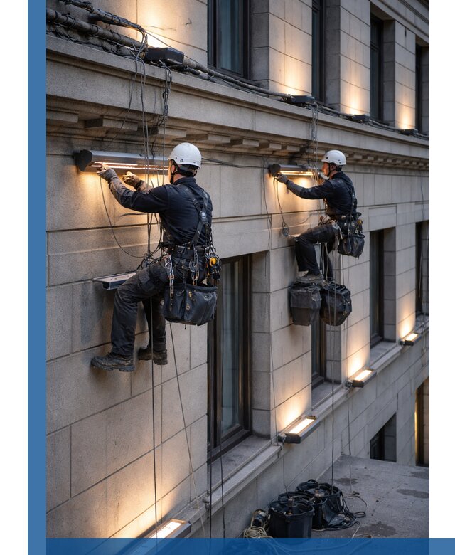 Монтаж архитектурной подсветки фасадов зданий в Череповце