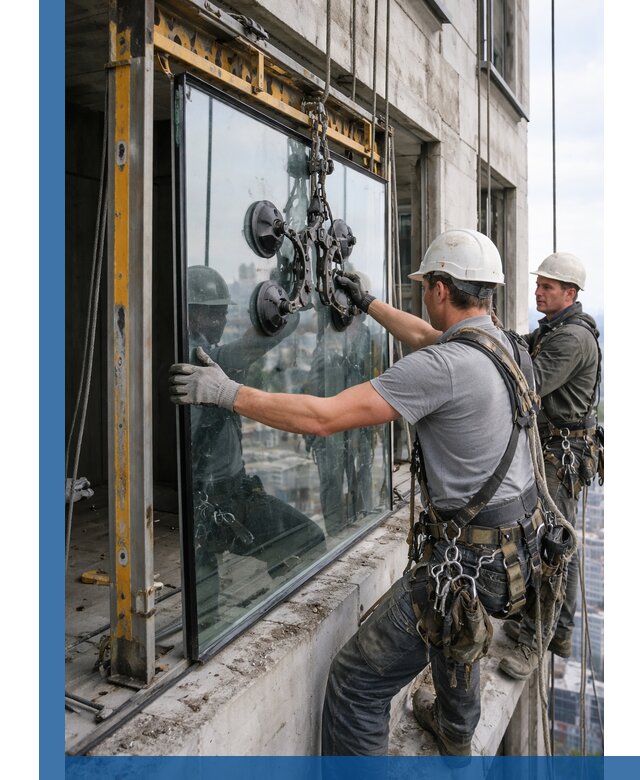 Монтаж стеклопакетов на высоте в Череповце с промышленным альпинизмом