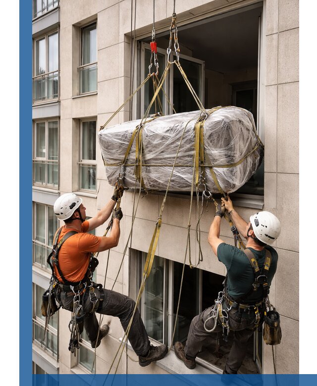 Подъем грузов через окно в Череповце промышленными альпинистами