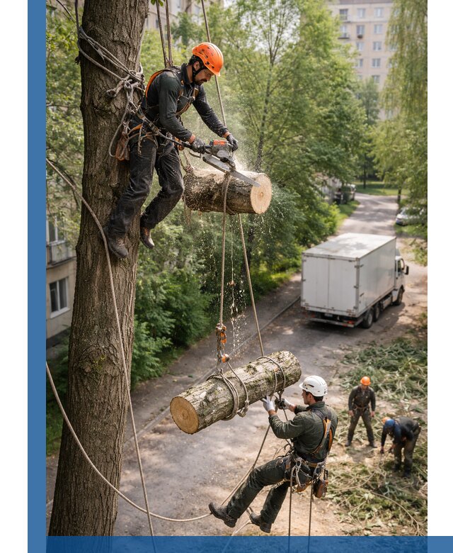 Спил деревьев альпинистами в Череповце, безопасно и без повреждений