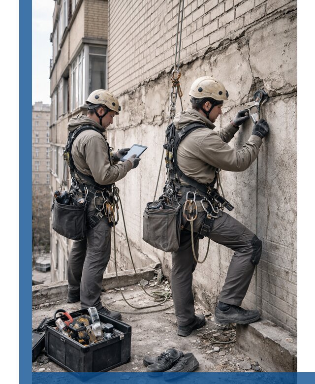 Обследование фасада промышленными альпинистами в Череповце